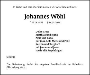 Traueranzeige von Johannes Wöhl von Flensburger Tageblatt