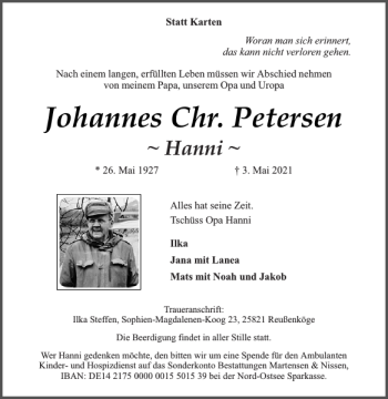 Traueranzeige von Johannes Chr. Petersen von Husumer Nachrichten