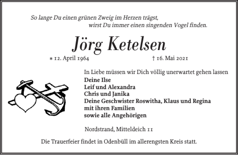  Traueranzeige für Jörg Ketelsen vom 19.05.2021 aus Husumer Nachrichten