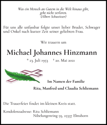 Traueranzeige von Michael Johannes Hinzmann von Elmshorner Nachrichten
