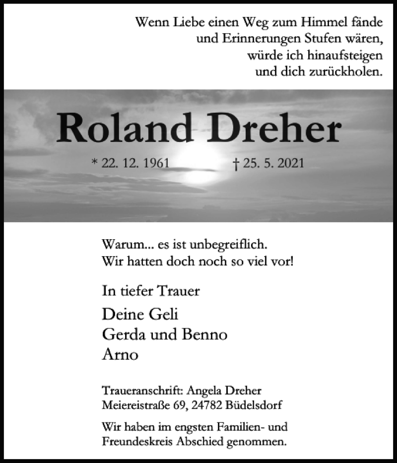  Traueranzeige für Roland Dreher vom 29.05.2021 aus Landeszeitung