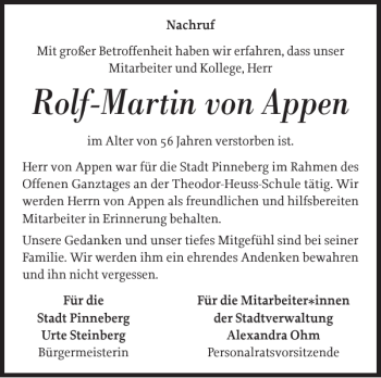 Traueranzeige von Rolf-Martin von Appen von Pinneberger Tageblatt