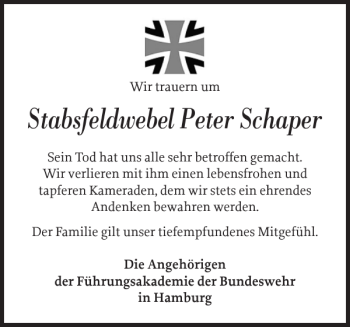 Traueranzeige von Stabsfeldwebel Peter Schaper von Norddeutsche Rundschau