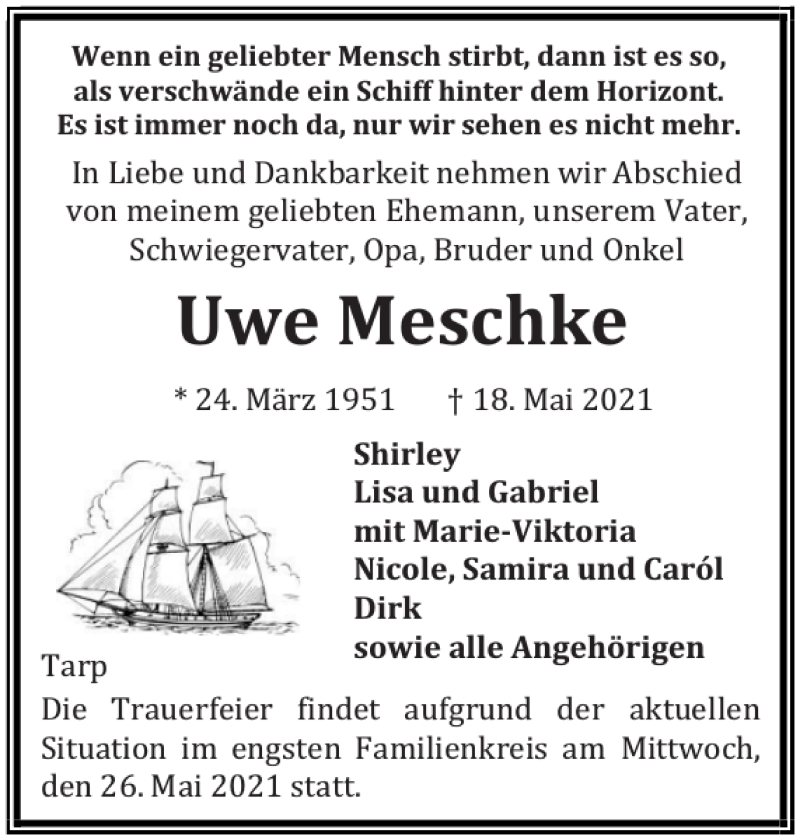  Traueranzeige für Uwe Meschke vom 21.05.2021 aus Flensburger Tageblatt
