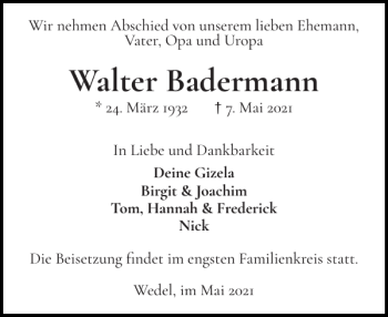 Traueranzeige von Walter Badermann von Wedel-Schulauer Tageblatt