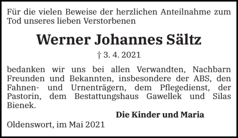 Traueranzeige für Werner Johannes Sältz vom 04.05.2021 aus Husumer Nachrichten