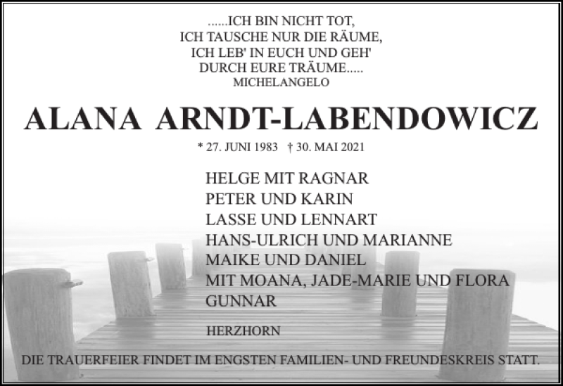  Traueranzeige für ALANA ARNDT-LABENDOWICZ vom 02.06.2021 aus Norddeutsche Rundschau