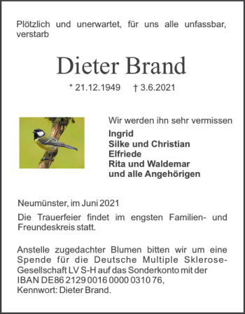 Traueranzeige von Dieter Brand von Holsteinischer Courier
