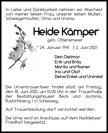 Traueranzeige von Heide Kämper von Schleswiger Nachrichten