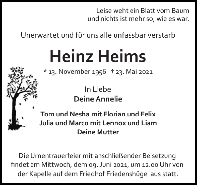  Traueranzeige für Heinz Heims vom 05.06.2021 aus Flensburger Tageblatt