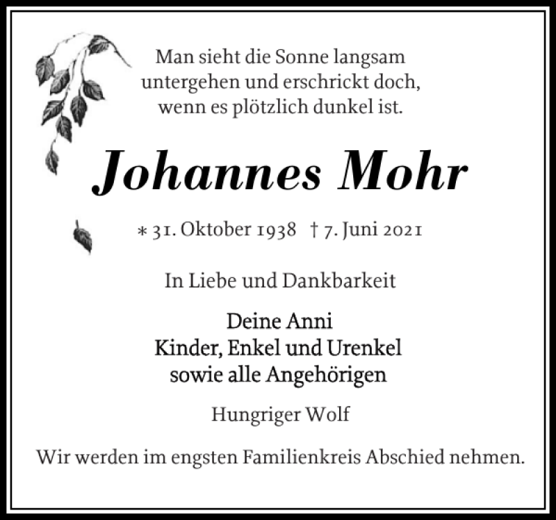  Traueranzeige für Johannes Mohr vom 12.06.2021 aus Norddeutsche Rundschau