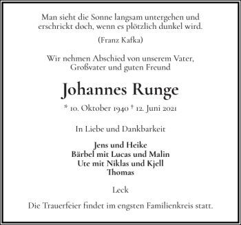 Traueranzeige von Johannes Runge von Nordfriesland Tageblatt