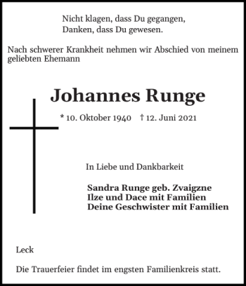 Traueranzeige von Johannes Runge von Nordfriesland Tageblatt