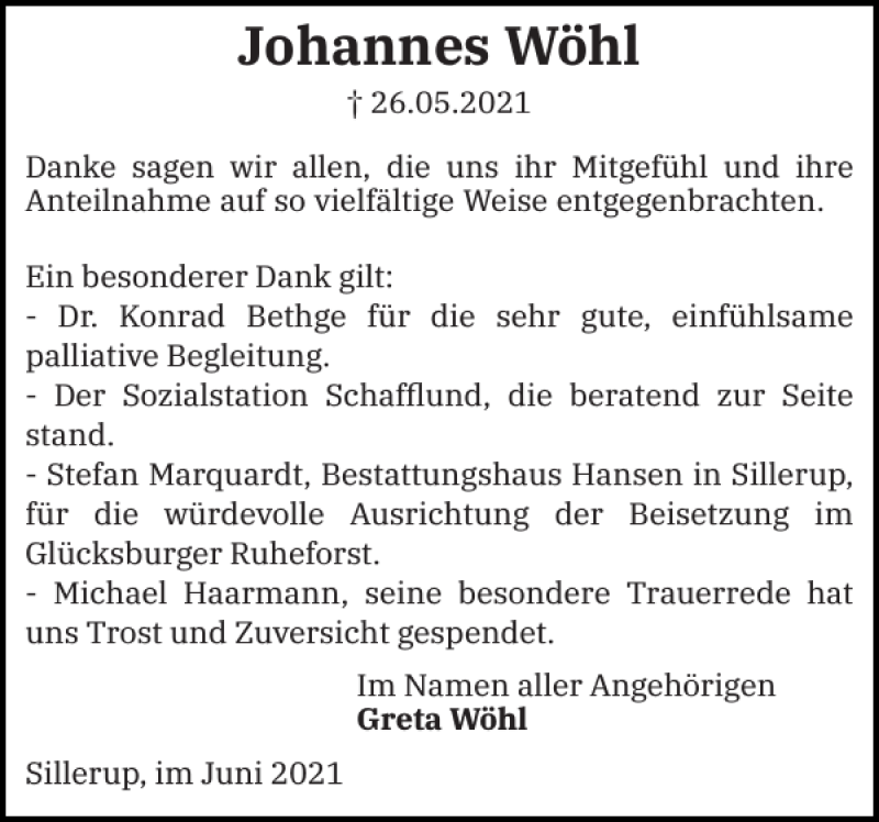  Traueranzeige für Johannes Wöhl vom 26.06.2021 aus Flensburger Tageblatt