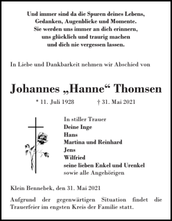 Traueranzeige von Johannes Hanne Thomsen von Schleswiger Nachrichten