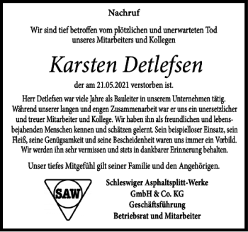 Traueranzeige von Karsten Detlefsen neu von Holsteinischer Courier
