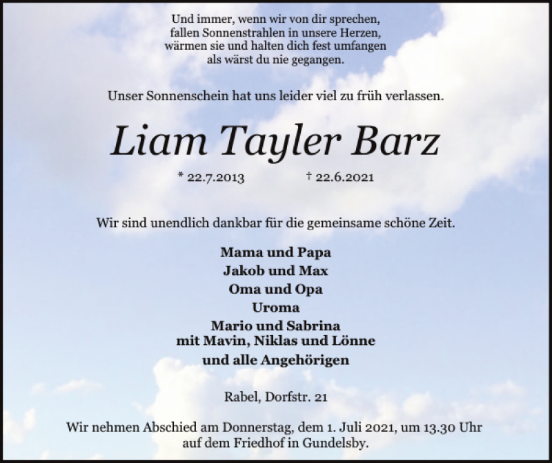  Traueranzeige für Liam Tayler Barz vom 30.06.2021 aus Schleswiger Nachrichten