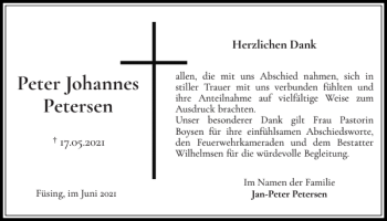 Traueranzeige von Peter Johannes Petersen von Schleswiger Nachrichten