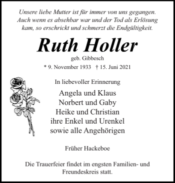 Traueranzeige von Ruth Holler von Norddeutsche Rundschau