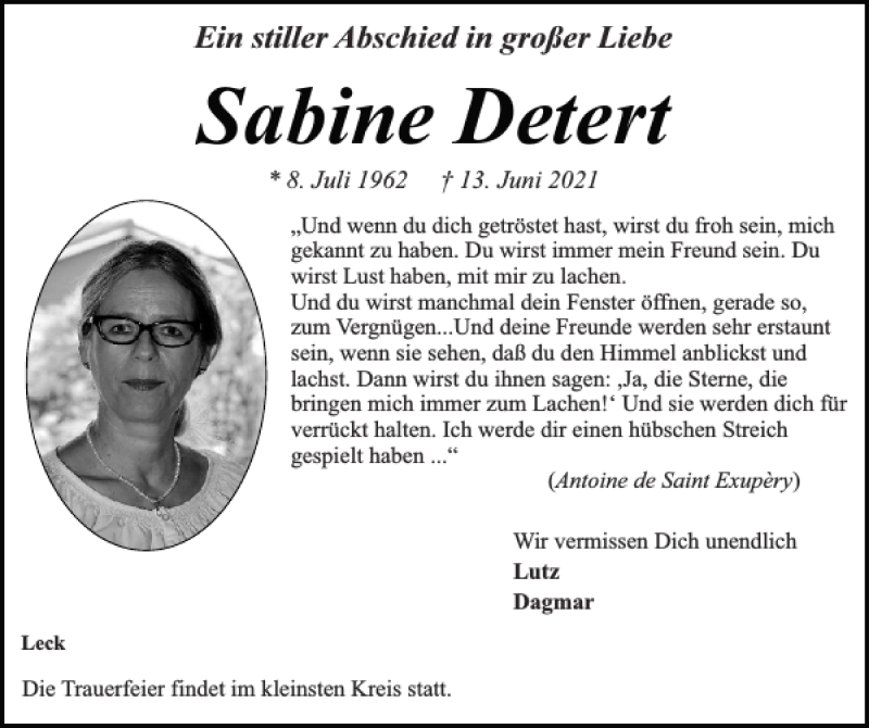  Traueranzeige für Sabine Detert vom 19.06.2021 aus Nordfriesland Tageblatt