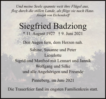 Traueranzeige von Siegfried Badziong von Pinneberger Tageblatt