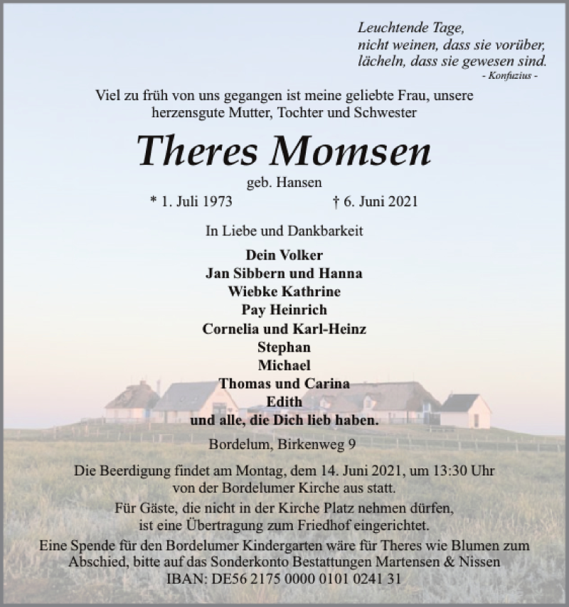  Traueranzeige für Theres Momsen vom 09.06.2021 aus Husumer Nachrichten