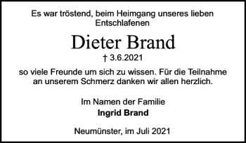 Traueranzeige von Dieter Brand von Holsteinischer Courier