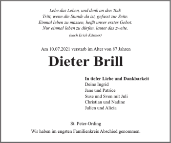 Traueranzeige von Dieter Brill von Husumer Nachrichten