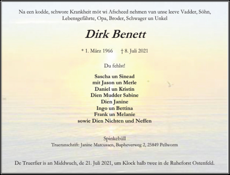  Traueranzeige für Dirk Benett vom 10.07.2021 aus Husumer Nachrichten