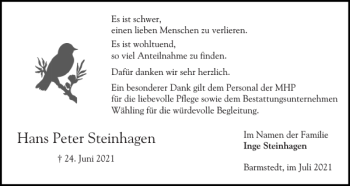 Traueranzeige von Hans Peter Steinhagen von Elmshorner Nachrichten