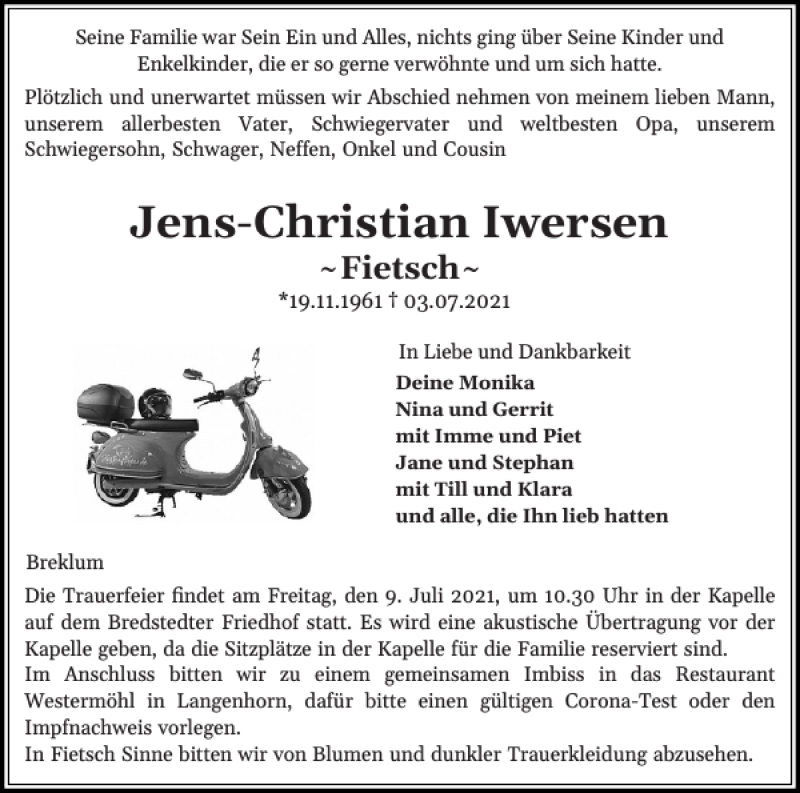  Traueranzeige für Jens-Christian Iwersen vom 07.07.2021 aus Husumer Nachrichten