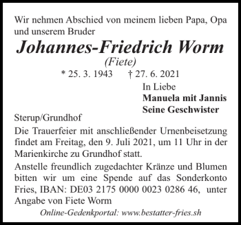 Traueranzeige von Johannes-Friedrich Worm von Flensburger Tageblatt