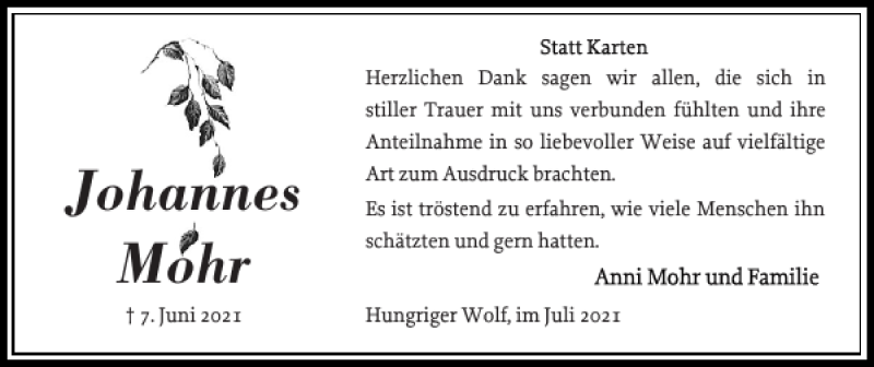  Traueranzeige für Johannes Mohr vom 10.07.2021 aus Norddeutsche Rundschau