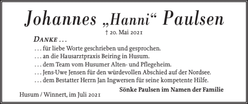  Traueranzeige für Johannes Paulsen vom 03.07.2021 aus Husumer Nachrichten