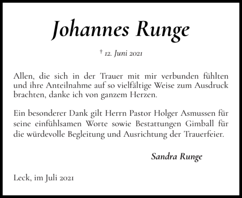  Traueranzeige für Johannes Runge vom 23.07.2021 aus Nordfriesland Tageblatt