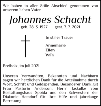 Traueranzeige von Johannes Schacht von Landeszeitung