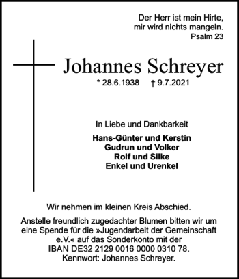 Traueranzeige von Johannes Schreyer von Holsteinischer Courier