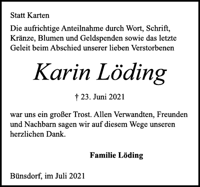  Traueranzeige für Karin Löding vom 31.07.2021 aus Landeszeitung