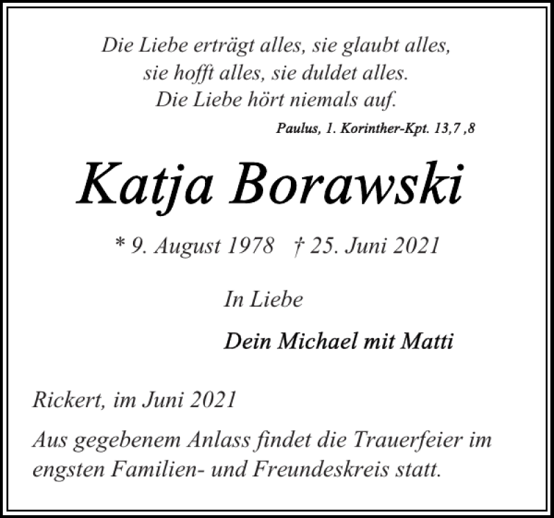  Traueranzeige für Katja Borawski vom 03.07.2021 aus Landeszeitung