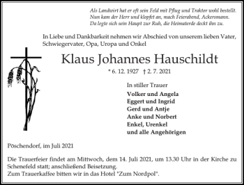 Traueranzeige von Klaus Johannes Hauschildt von Norddeutsche Rundschau
