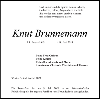 Traueranzeige von Knut Brunnemann von Landeszeitung