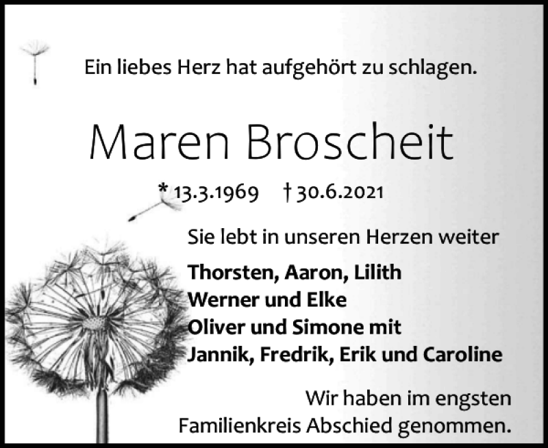  Traueranzeige für Maren Broscheit vom 17.07.2021 aus Holsteinischer Courier