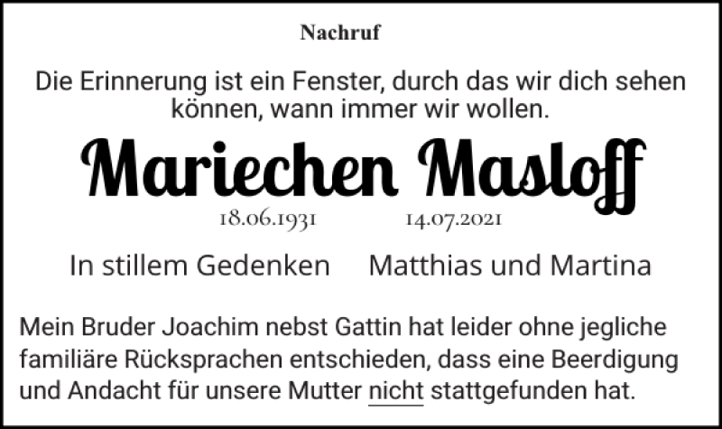  Traueranzeige für Mariechen Masloff vom 27.07.2021 aus Schleswiger Nachrichten