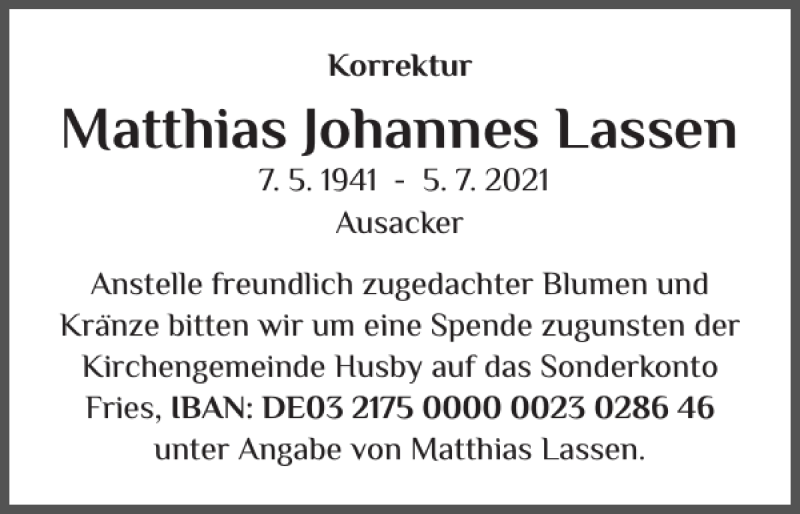  Traueranzeige für Matthias Johannes vom 12.07.2021 aus Flensburger Tageblatt