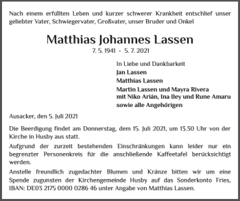 Traueranzeige von Matthias Johannes von Flensburger Tageblatt