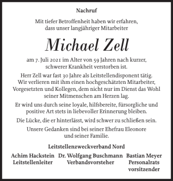 Traueranzeige von Michael Zell von Flensburger Tageblatt