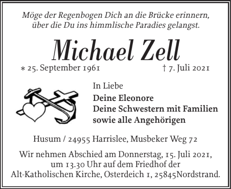  Traueranzeige für Michael Zell vom 12.07.2021 aus Husumer Nachrichten