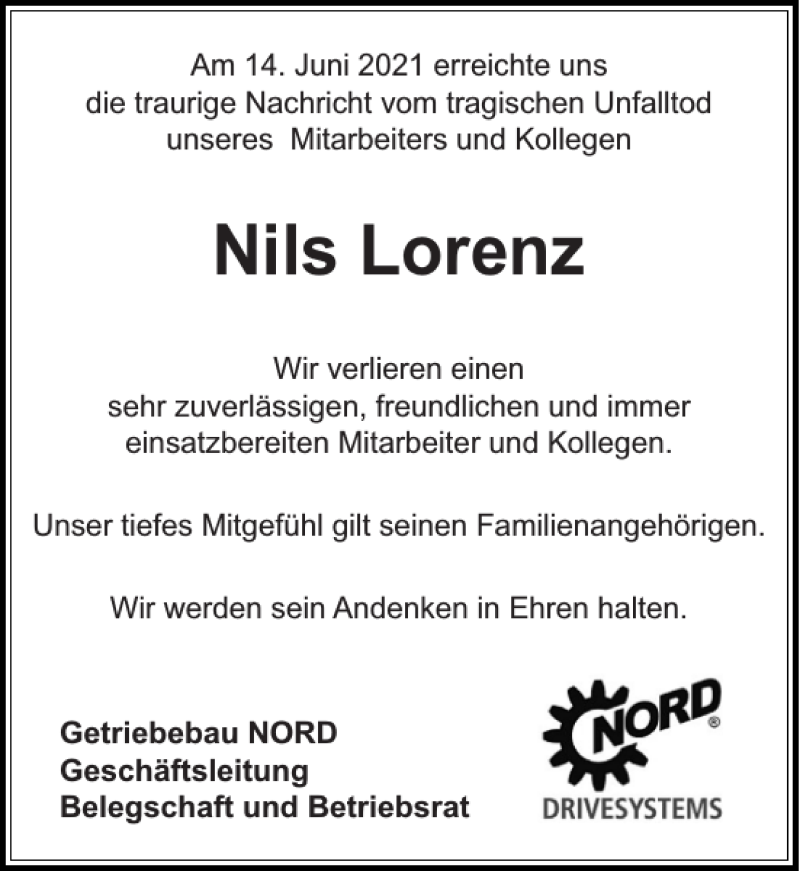  Traueranzeige für Nils Lorenz vom 03.07.2021 aus Stormarner Tageblatt