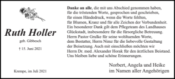 Traueranzeige von Ruth Holler von Norddeutsche Rundschau