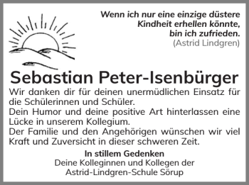 Traueranzeige von Sebastian Peter-Isenbürger von Schleswiger Nachrichten